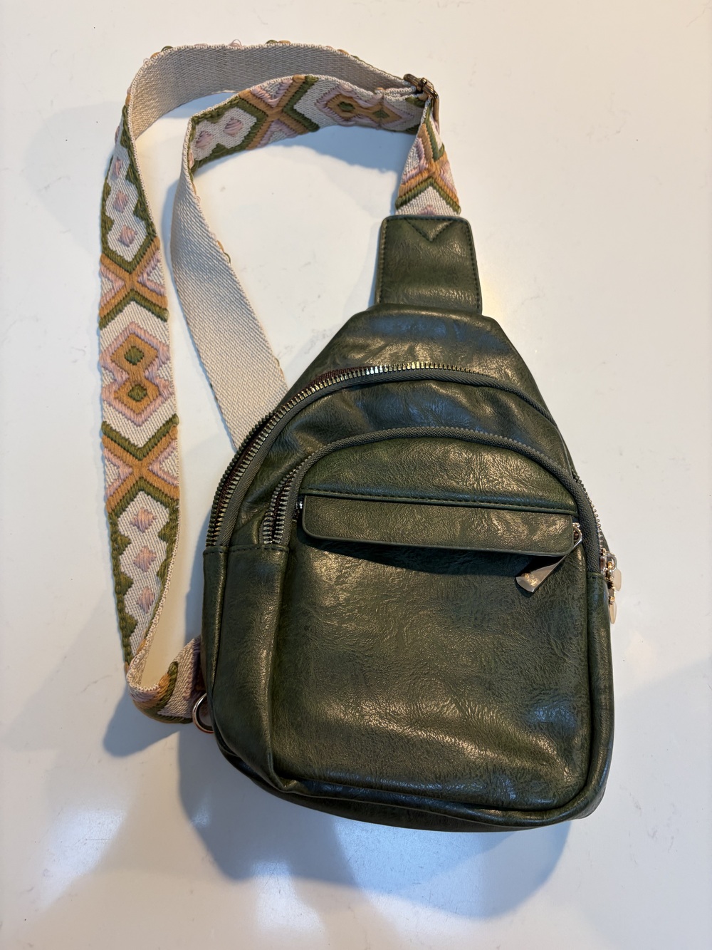 Women's Green Faux Leather Crossbody Sling Bag Embroidered Boho Guitar Strap